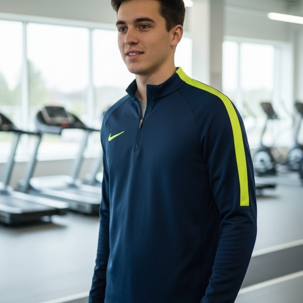 Nike Men's Dark Blue Jacket with Bright Green Stripes